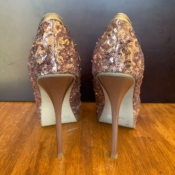 Baby Phat Rose Gold Sequin Round Toe Stiletto Platform Pumps - Picture 4 of 11